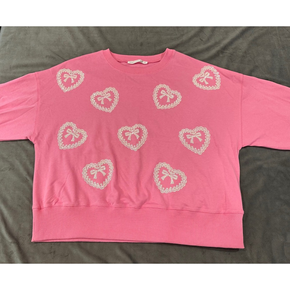 Altar'd State Pink Heart Sequin Bow Sweater Oversized Size Small